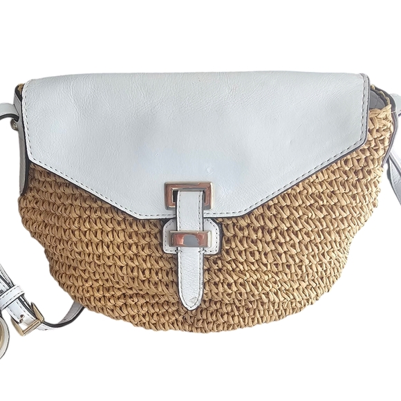 White and Tan Woven Crossbody Bag - Picture 1 of 8